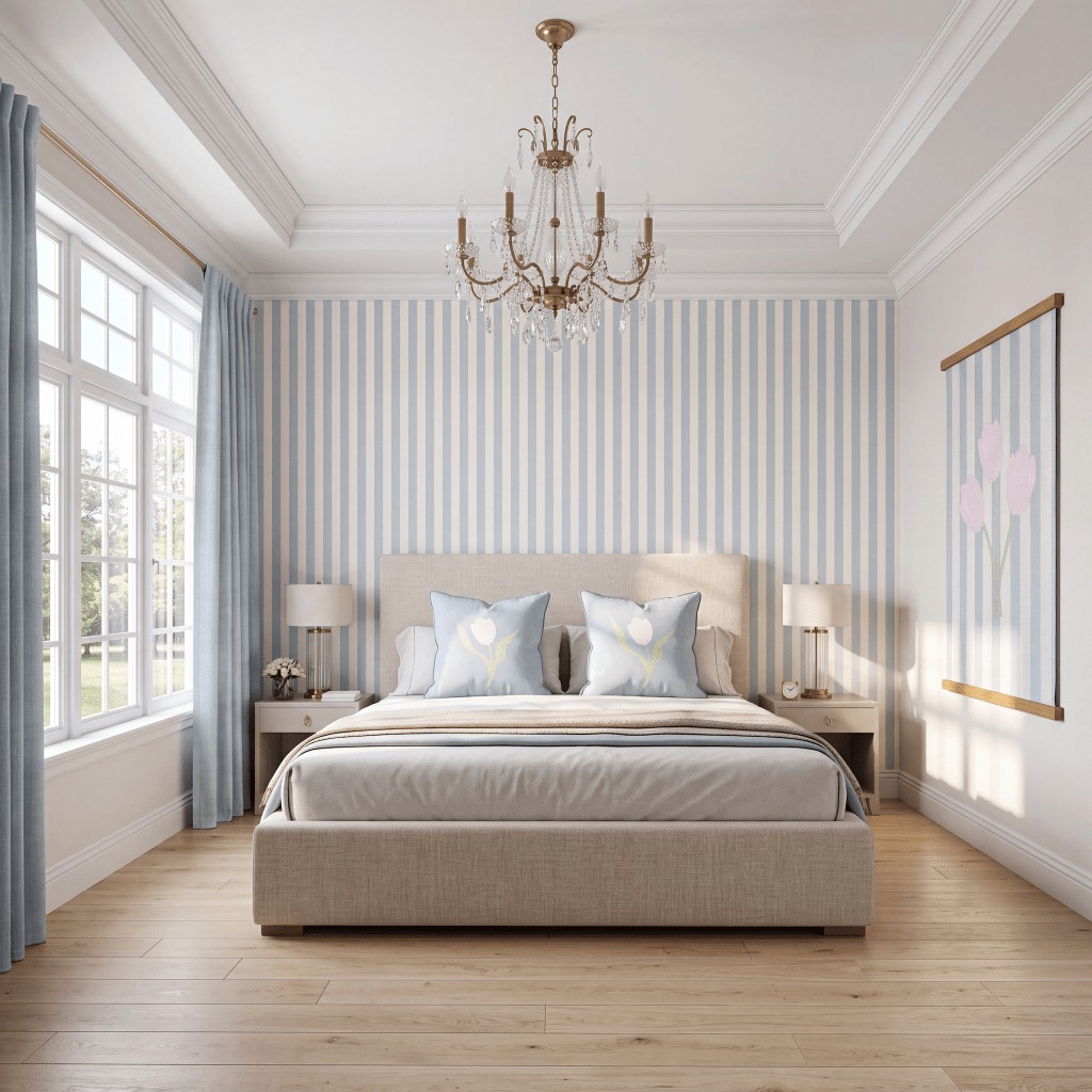 Juliet's Garden Robin Blue Stripe Wallpaper